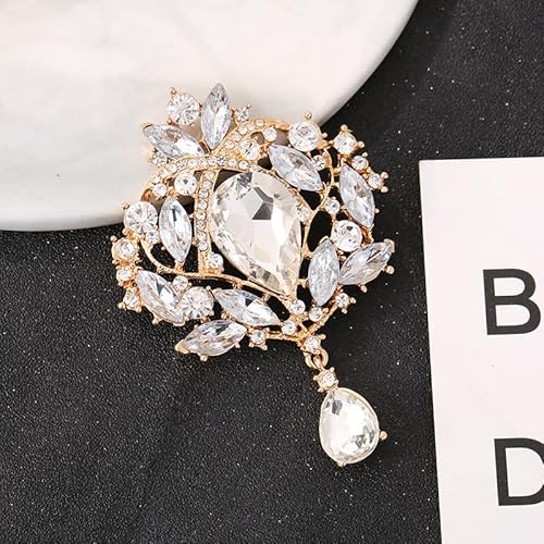 Broche feminino de casamento com strass e cristal grande da Reizteko, Gold-toned Crystal