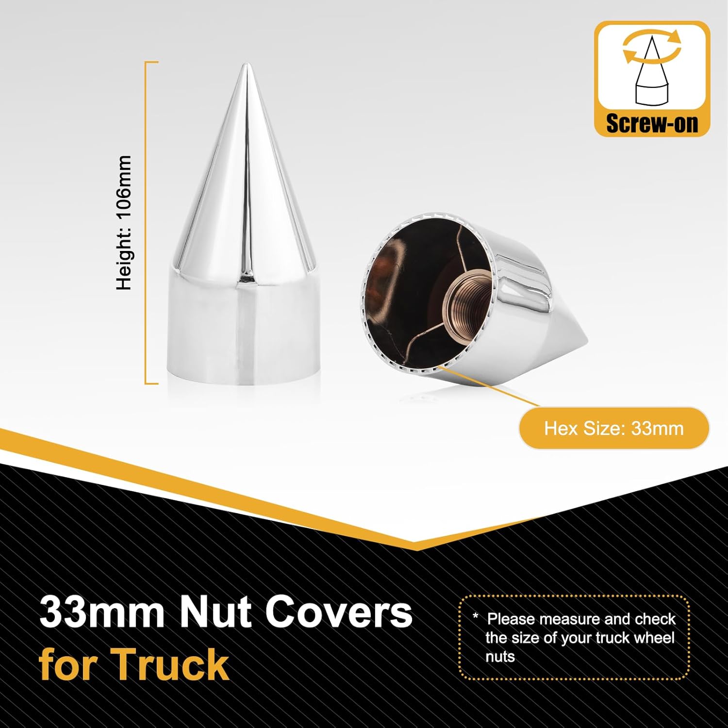 20Pcs Lug Nut Covers 33mm x 4 1/4" Spike Nut Covers ABS Chrome Plastic Screw On Pointed Nut Cover Caps for Semi Trucks