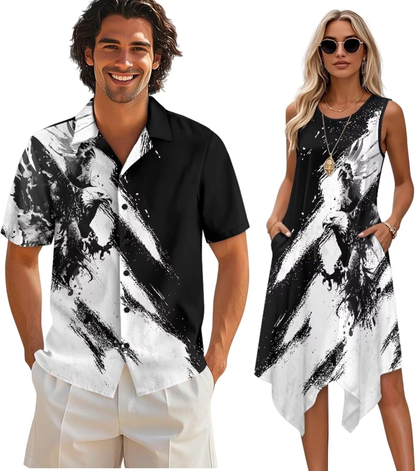 TOADDITDO Couple Shirts and Dress Matching Outfit Womens Sleeveless Flared Mini Sundress or Mens Buttons Hawaiian Aloha Shirt
