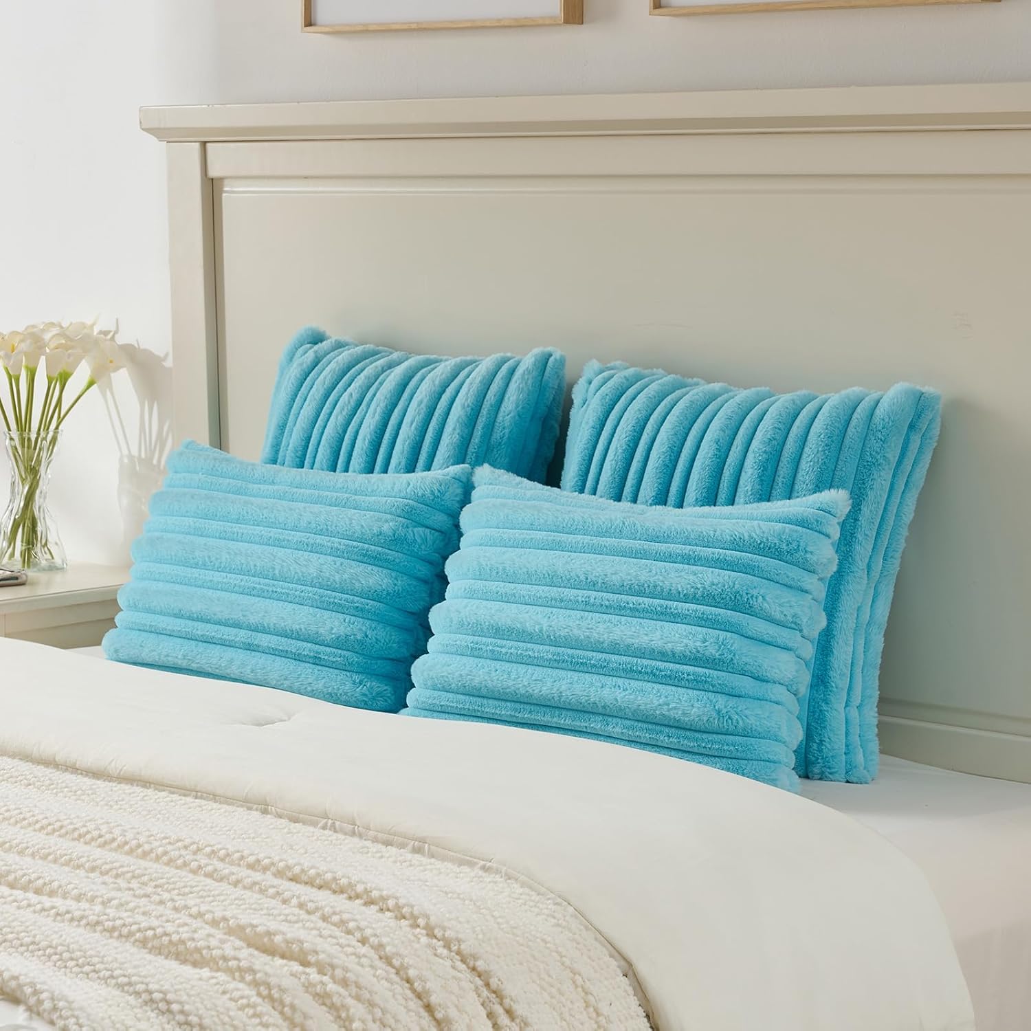 FUTEI Sky Blue Decorative Throw Pillow Covers 18x18 Inch Set of 2,Soft Fluffy Faux Rabbit Fur Thick & Thin Striped Textured Cushion Case,Modern Home Decor for Couch Bed Living Room