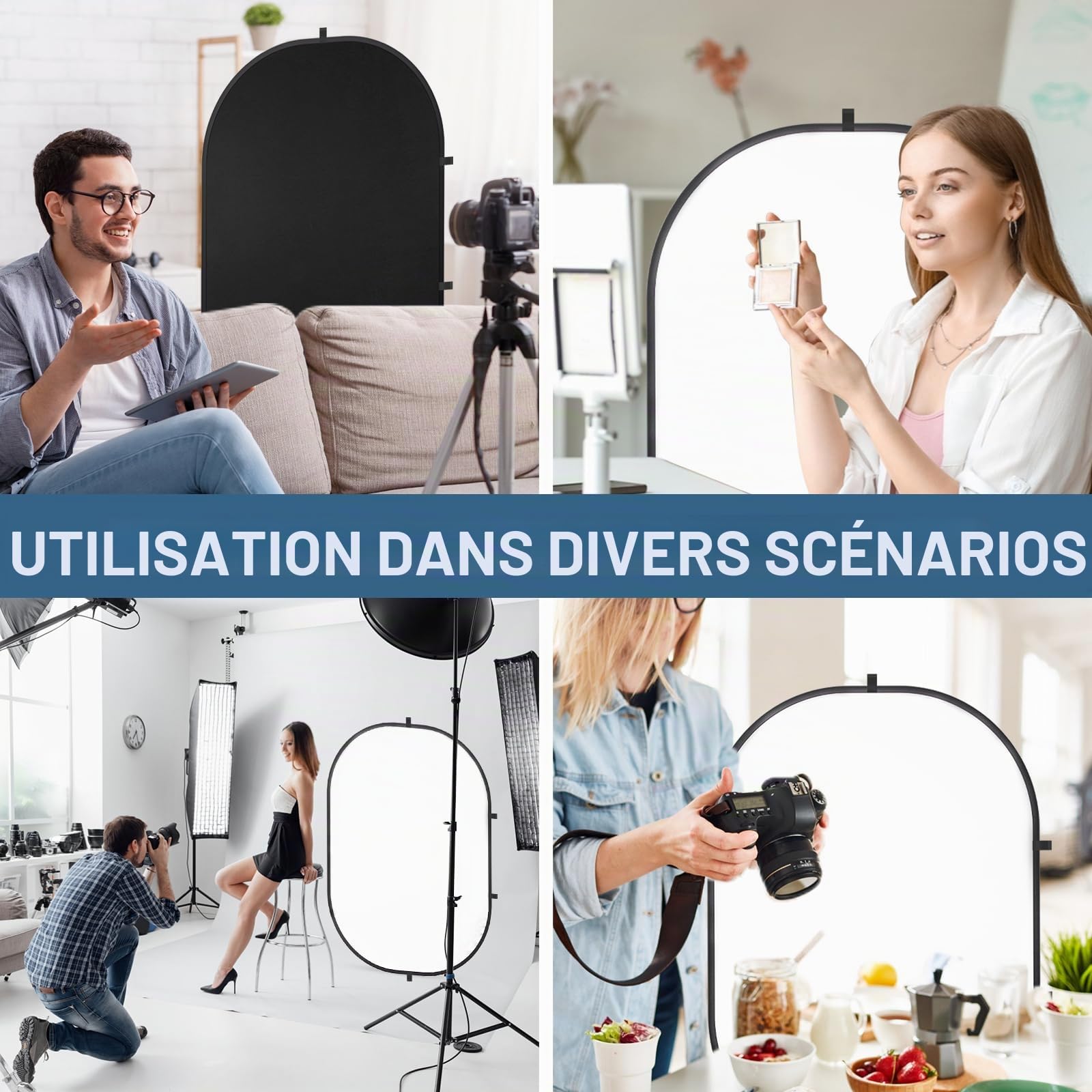 Toile de fond 2 en 1 pliable et réversible pour photographie, écran blanc double face et écran noir, 1,5 x 6,1,5 m pour photographie, vidéos YouTube et diffusion en direct