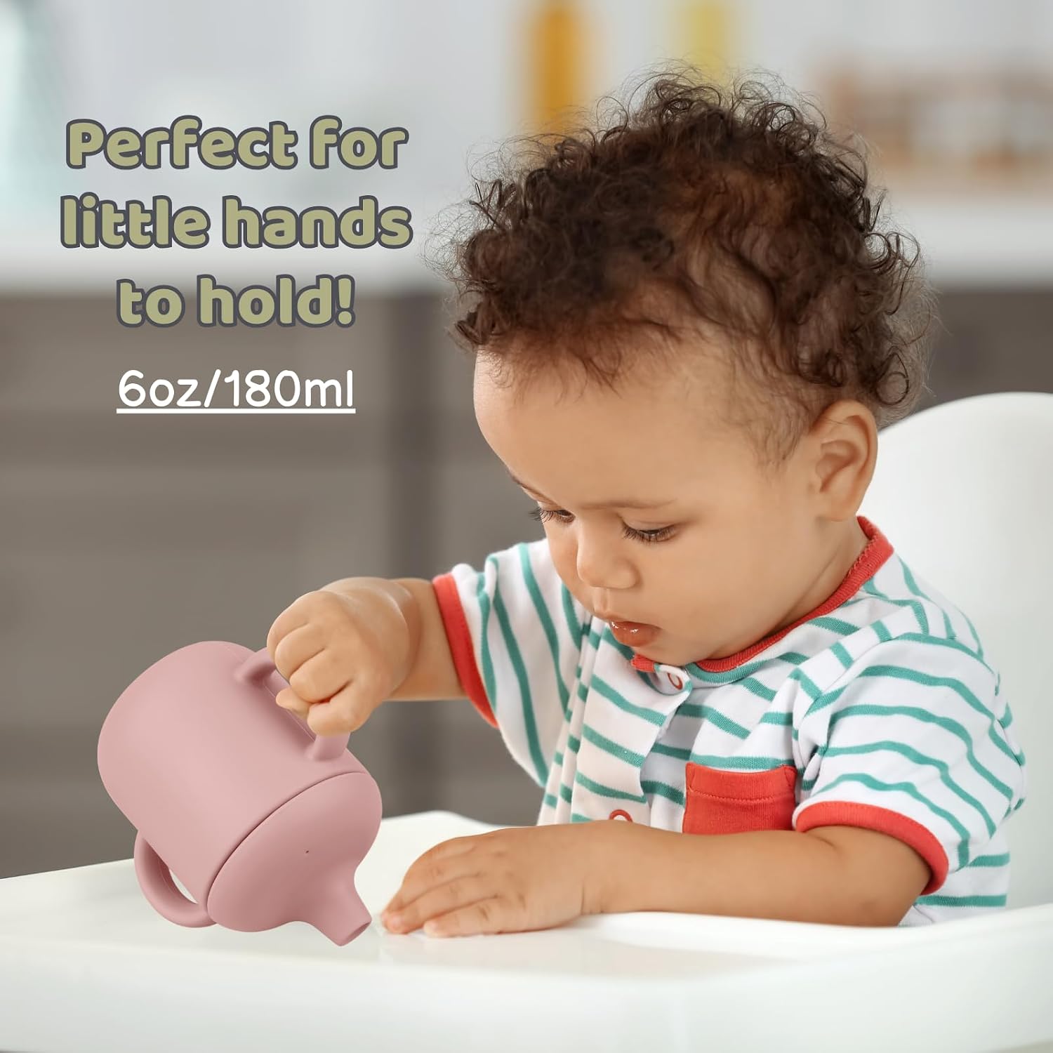 Silicone Baby Drinking Cups - Sippy Cups for 6-12 Months Toddlers - Pack of 2 Food Grade Training Cups with Lids & Grip Handle for Baby Led Weaning, 6 oz (Blush/Mauve)