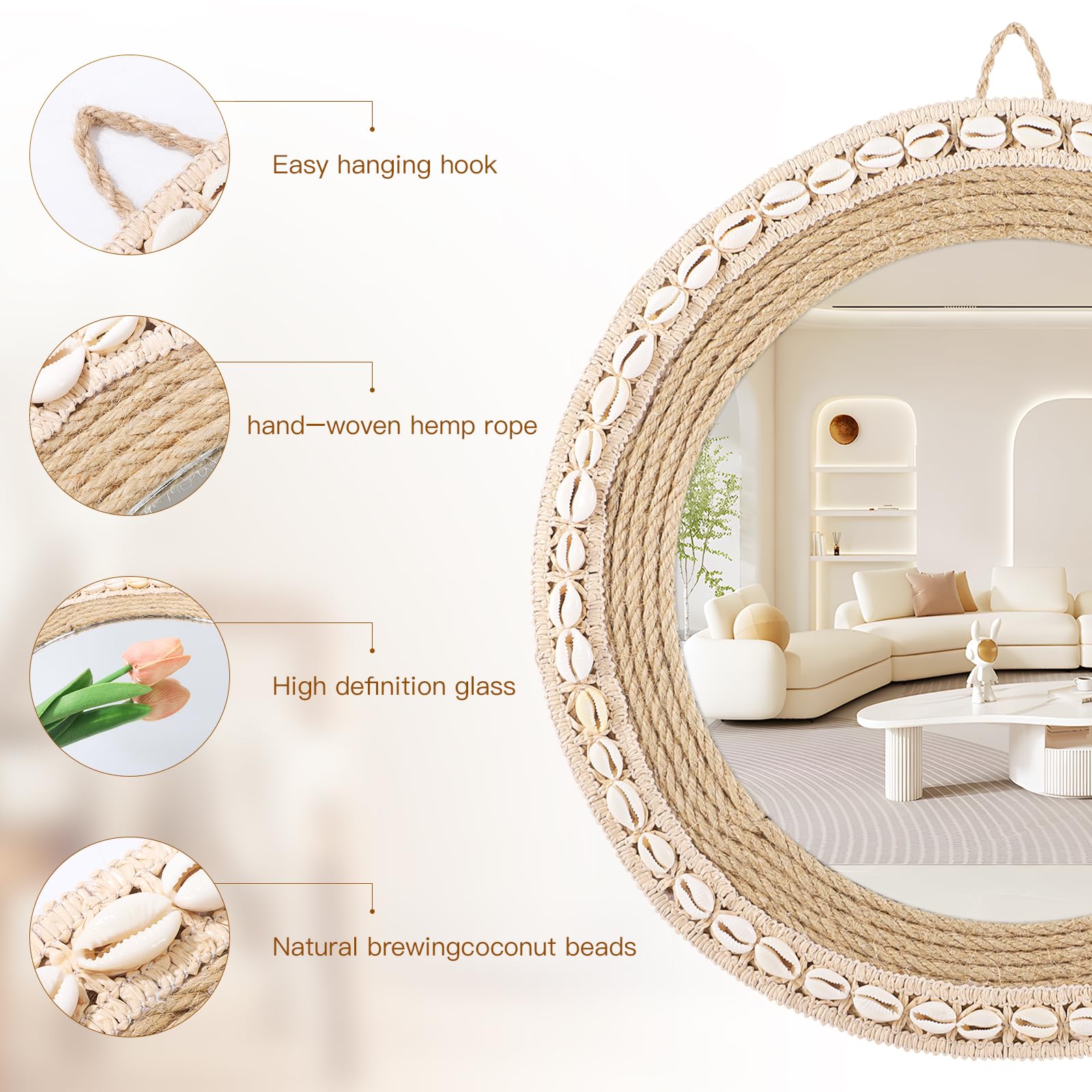 13.98 Inch Boho Mirror, Hemp Rope and Marine Scallop Ribbon Circle Mirrors, Used for Wall Mounted Mirrors for Bathroom, Wall, Entryway, Rustic (Natural)