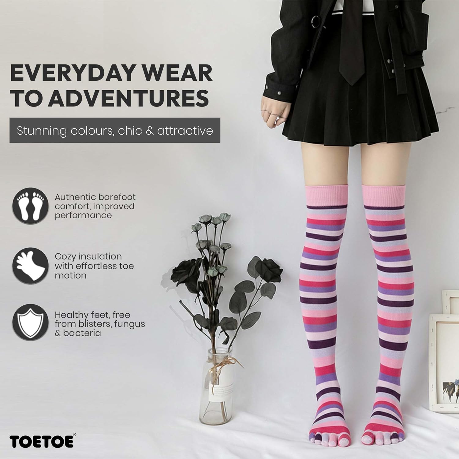 TOETOE - Essential Women Everyday Cotton Over-Knee Toe Socks (1 Pair) (US, Numeric, 4, 11.5, Regular, Regular, Black&white)