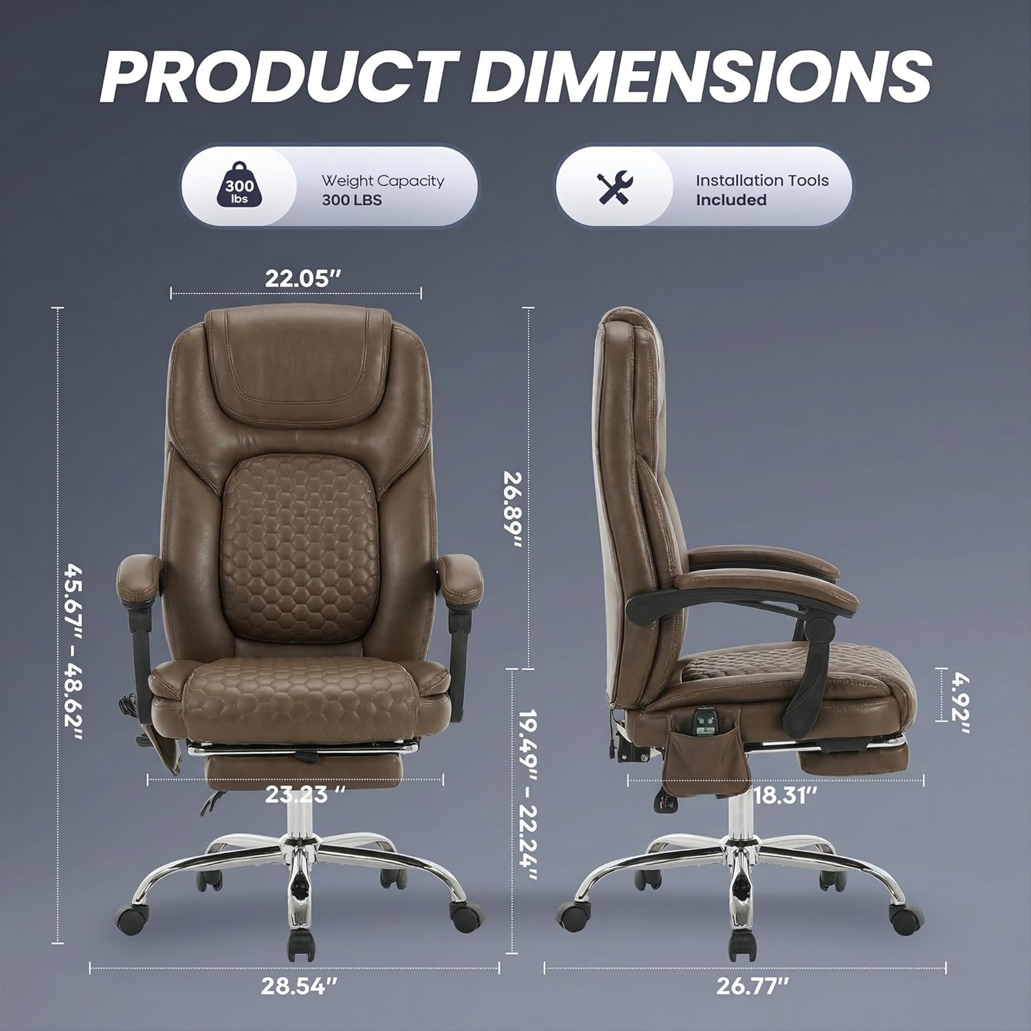 Massage Office Chair with 3-Level Heat and Footrest – 20-Min Easy Assembly, 300 lbs Big and Tall Reclining Desk Chair, PU Leather Ergonomic Executive Computer Chair with Side Pocket, Brown