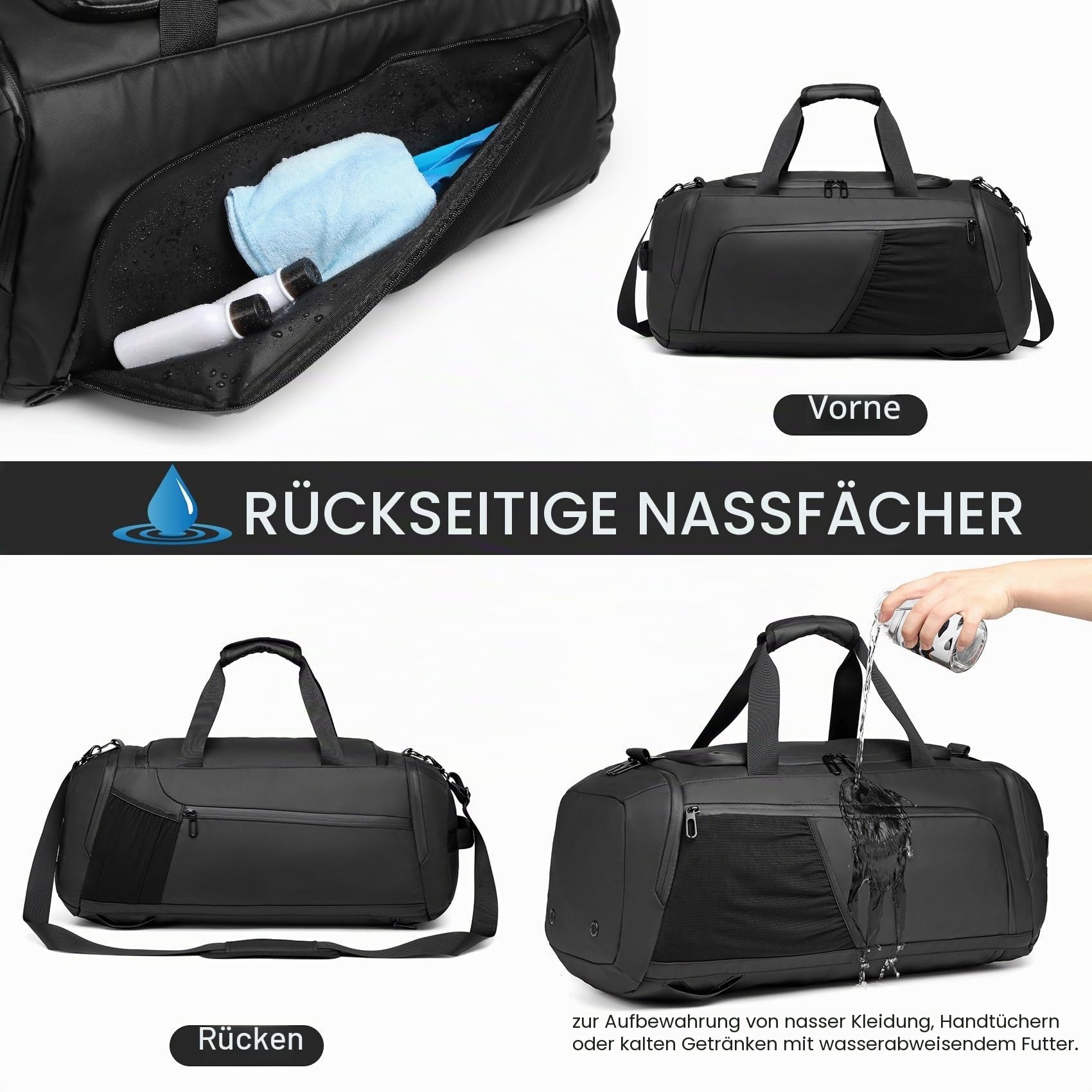 Sporttasche Herren Reisetasche 40L Sporttaschen mit Schuhfach Nassfach Wasserdicht Trainingstasche mit Rucksack Weekender Travel Gym Tasche Duffle Bag Fitnesstasche für Herren Damen