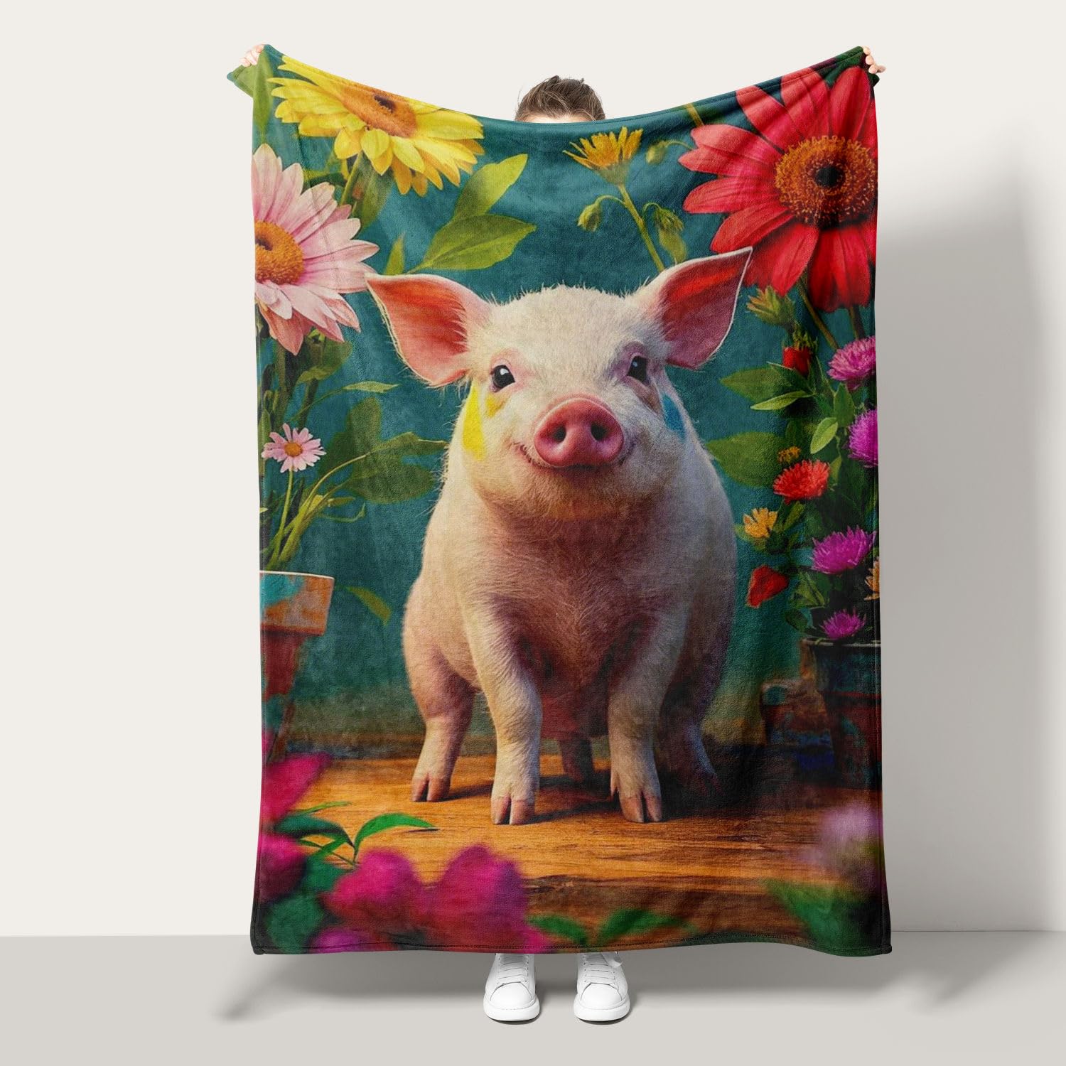 Plaid en flanelle cochon et marguerites 100x130cm, couverture douce et légère pour lit et canapé