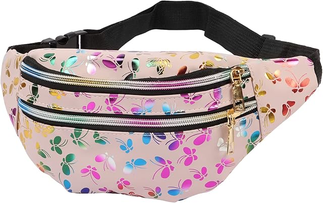 Bum Waist Bag Shiny Bumbag for Women Fashion PU Leather Waterproof Bum Bag Double Zipper Pouch Waist with Adjustable Lightweight Belt Bags Pack Hiking Running Travel Holiday Belt Bags Men Women (Pink)