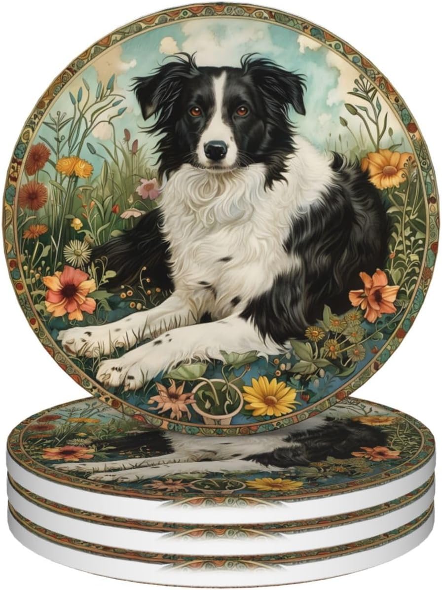 Border Collie Coffee Coasters for Drink, Ceramic Absorbent Coasters Set of 4 Pack Table Cupholder with Water Moisture Condensation for Wooden Table, Office Outside Kitchen Desk Glass Table
