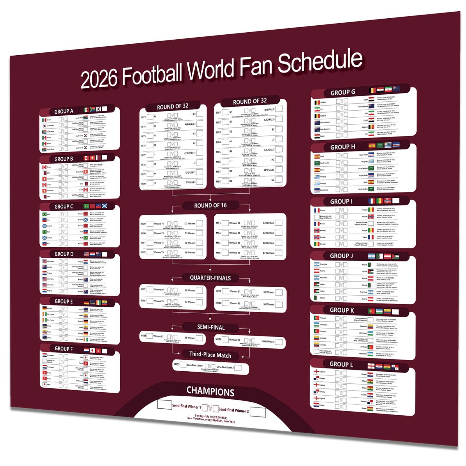 Poster A1 extra large Coupe du monde de football 2026 84 x 57 cm Grand calendrier de football