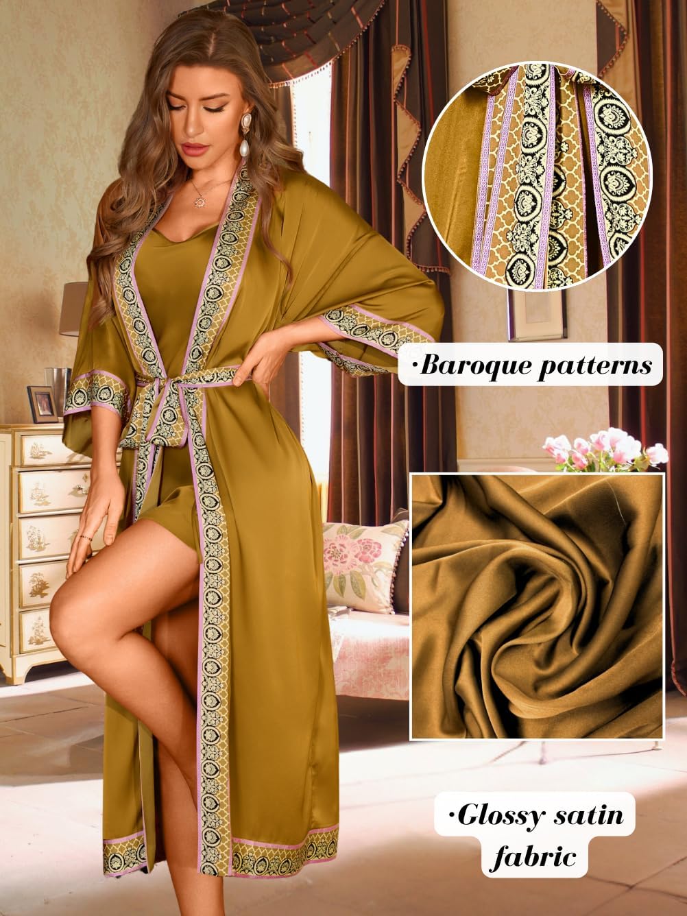 Satin Robe Sets For Women, 2-PC Lightweight Bathrobe, Silk Sleepwear Kimono Bridesmaid Sexy Robes