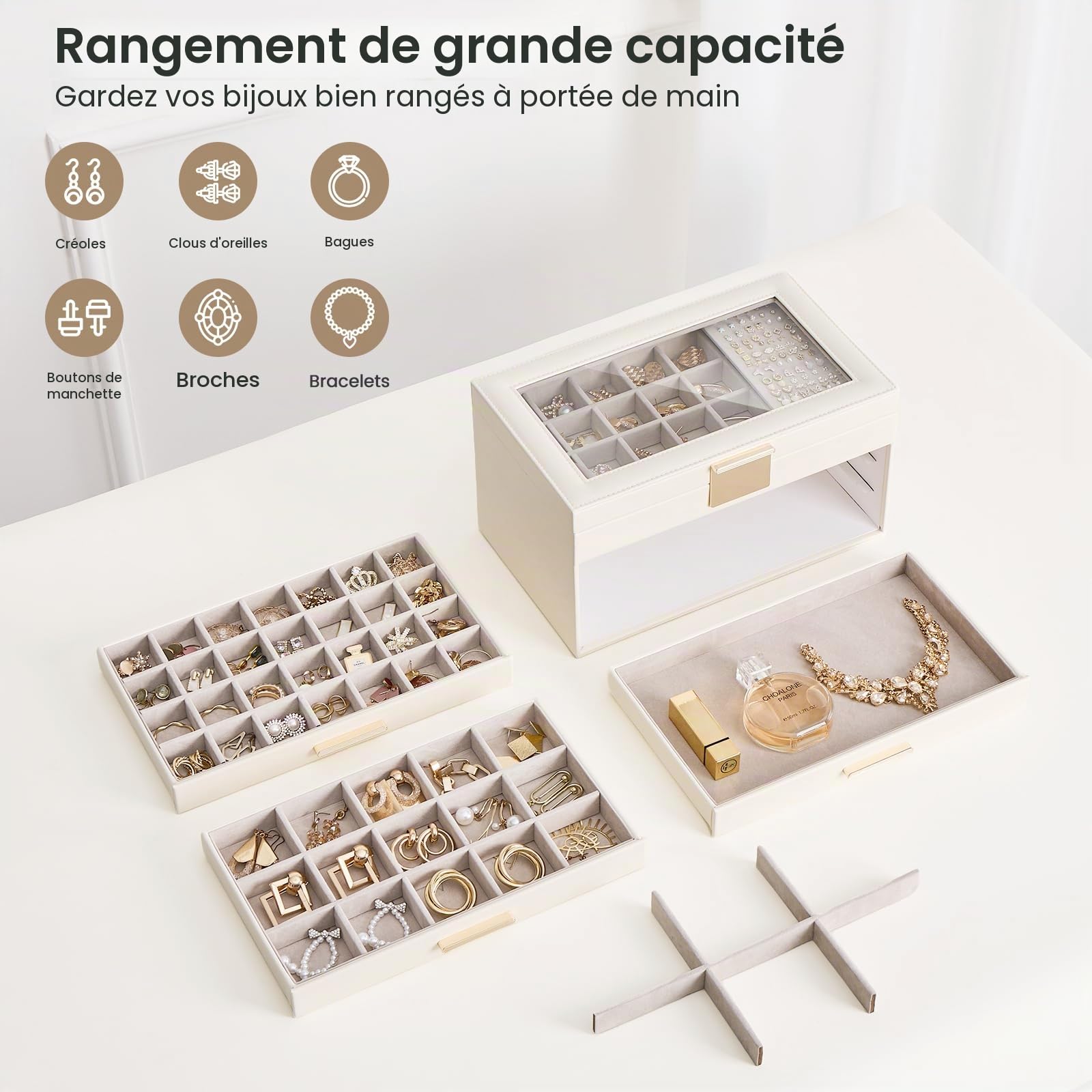 Lolalet Boîte Boucles Oreille, Range Bijoux Femme, avec Multiples Tiroirs et Compartiments -4 Niveaux, Blanc