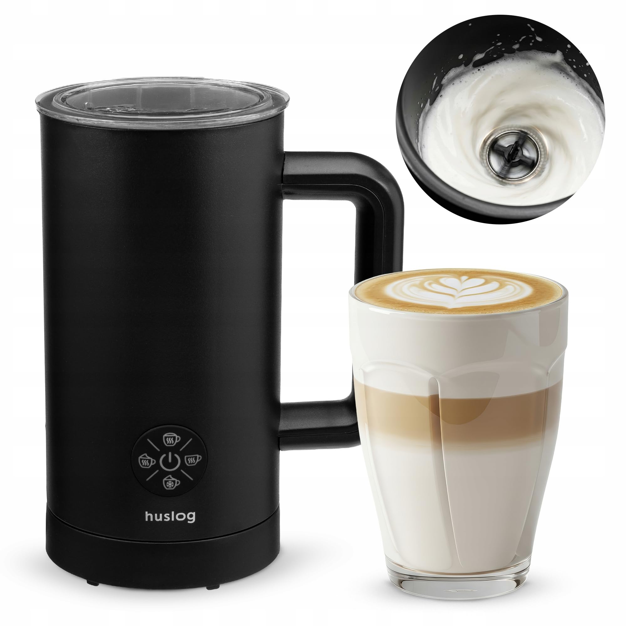 Montalatte elettrico con riscaldamento, 500 W, 4 modalità (caldo e freddo), 300 ml, schiuma di latte da 150 ml, spegnimento automatico, per cappuccino, e vegetale, nero