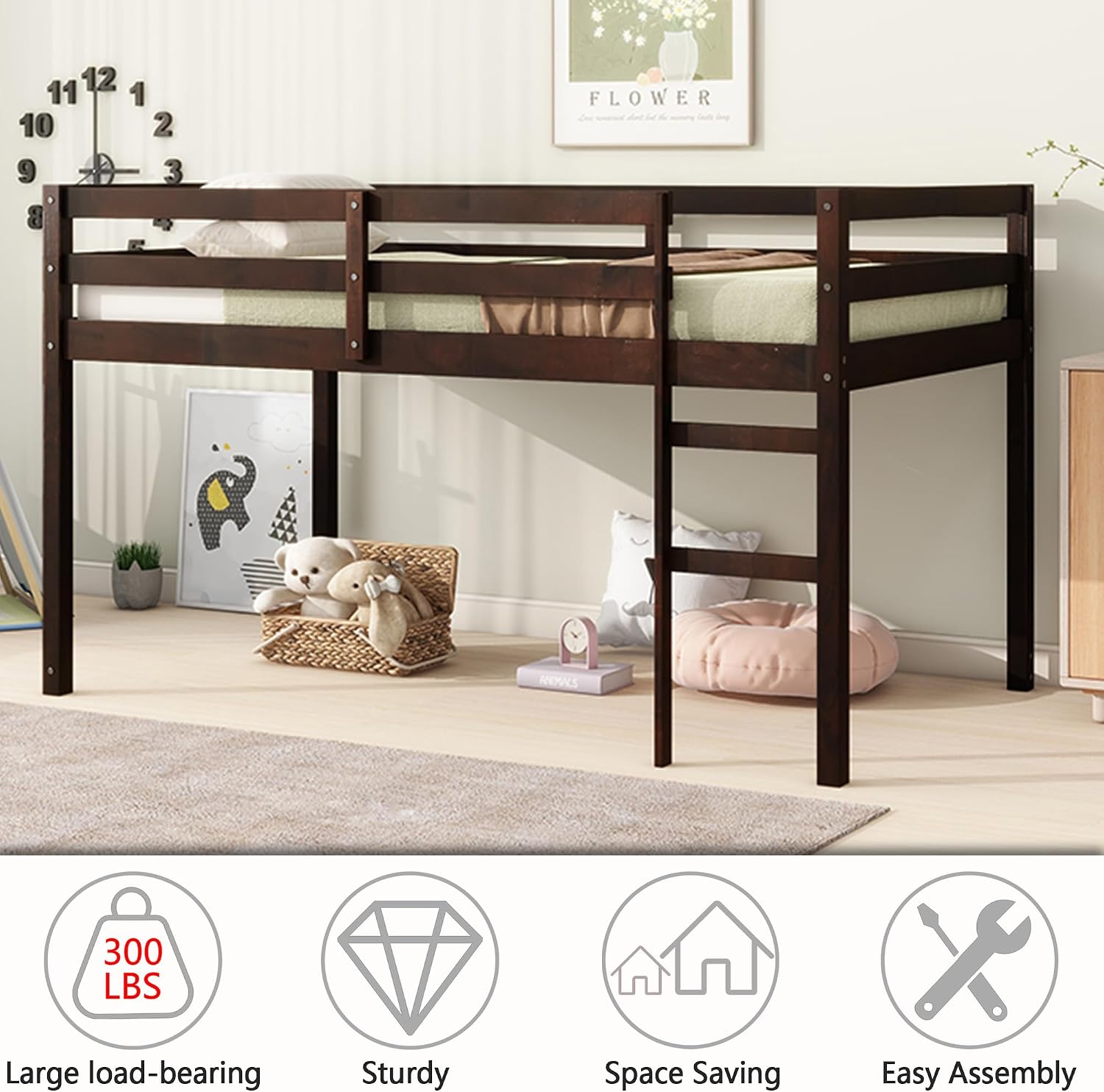 Features of the Nahenduo Low Loft Bed: 300 lbs load-bearing, sturdy, space-saving, easy assembly