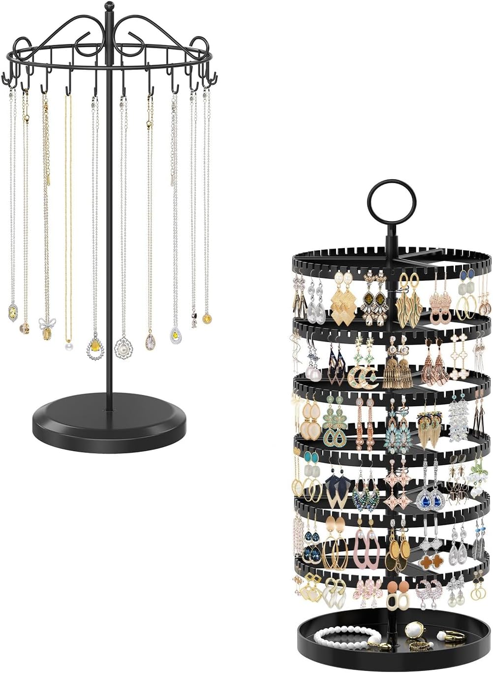 iDavosic.ly 1 Tier Metal Rotating Necklace Holder Organizer and 5 Layer Plastic Adjustable Earring Display Stand Rack, Extra Tall Bracelet Keychain Spinning Tree Tower for Women, Black