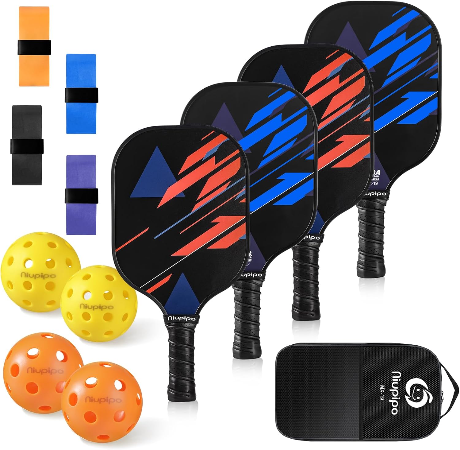 niupipo Pickleball Paddles Set of 2/4, USAPA Approved Lightweight Pickleball Rackets, Durable Fiberglass Surface with Polypropylene Honeycomb Core, Cushion Grip and Carry Bag