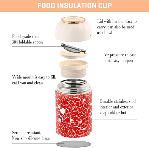 Miniatura 4 de MCHIVER Valentine's Day Hearts Food Jar with Spoon Stainless Steel Vacuum Insulated Food Container 17 oz Food Flask for Lunch