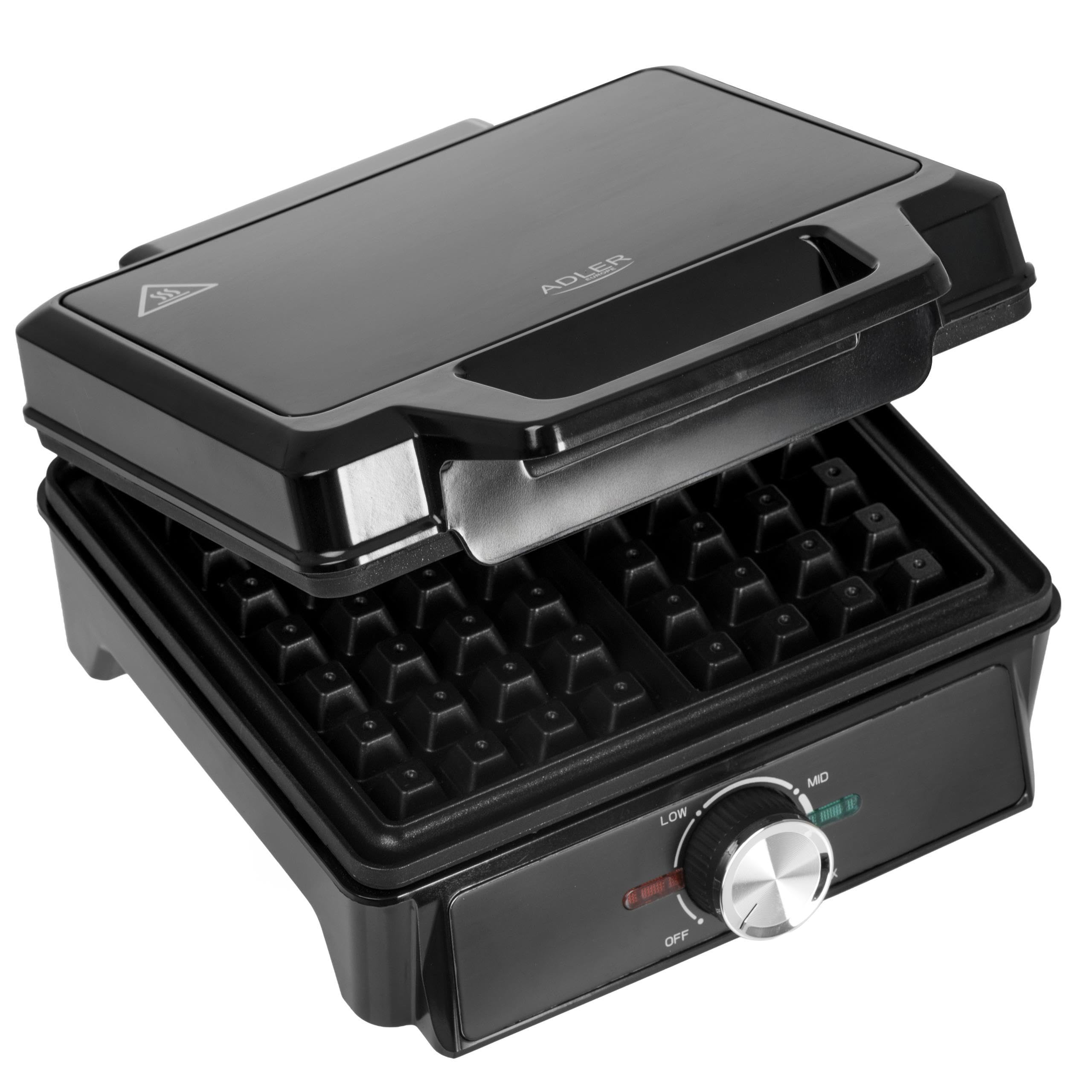 ADLER EUROPE Waffeleisen Belgische Waffel – Doppelwaffeleisen mit Temperaturregelung – 2000W Waffelautomat – Antihaftbeschichtung und Wärmeisolierter Griff - Tief-Heizplatten 9cm x 14,5cm