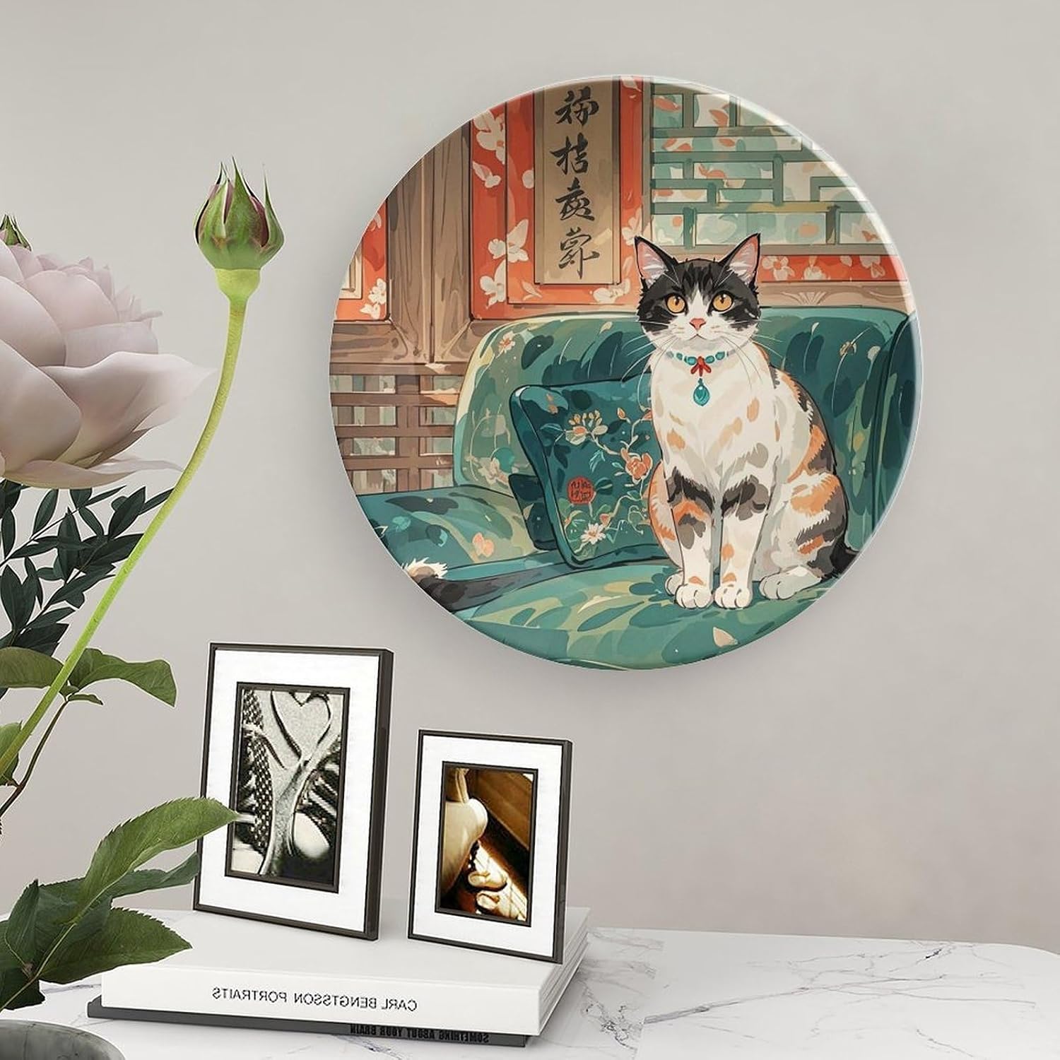 Cute Cat Ceramic Decorative Plate for Home, Bone China Plates | Chinese Style Decorative Dish with Stand, Dinner Plates Art Crafts for Wall Decor, Collections Plate with Hook 8inch