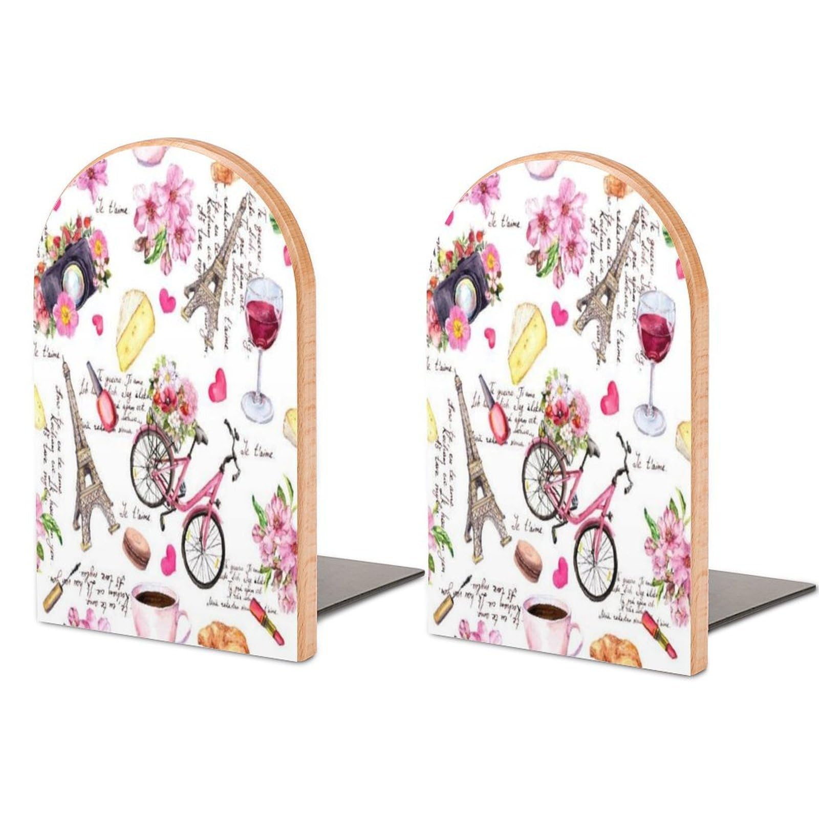 Paris Eiffel Tower Flowers Bicycle Wine French I Love You in Different Languages Beech Wood Bookends Heavy Duty Book Organizers Desktop File Holder for Office Home Bookshelf