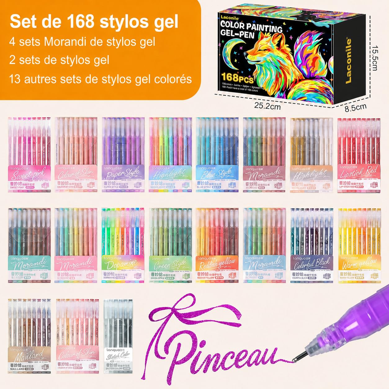 Laconile Lot de 168 Stylos Gel Couleurs – Stylos Paillette, Pastel, Métallique et Néon – Stylo Gel Adulte pour Dessin, Coloriage, Griffonnage Artisanat Scrapbooking(0.65 MM)