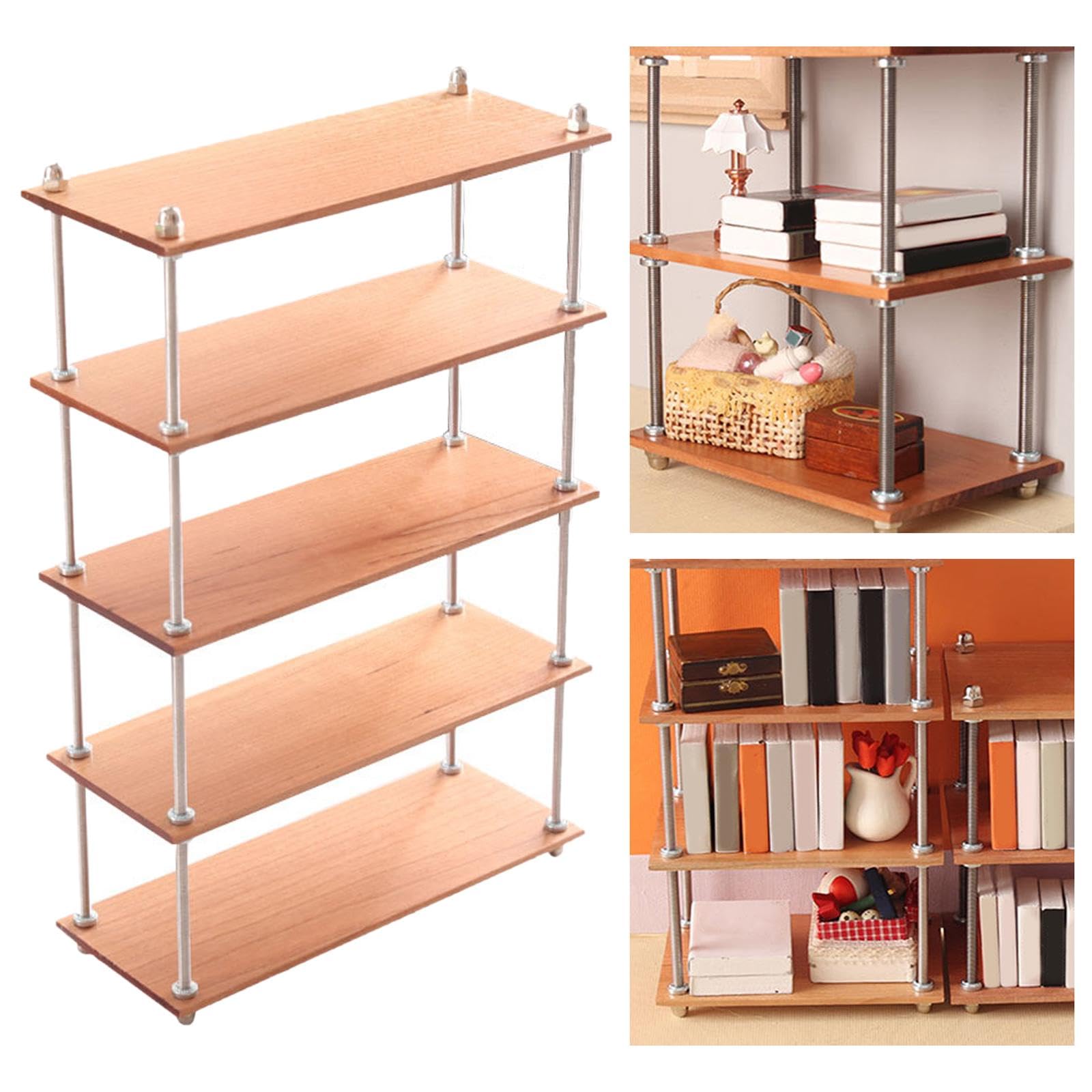 Miniatur Bücherregal/Zeitschriftenständer, Mehrlagiger Organizer Aus Robustem Stahl Und Holz, Geeignet für Puppenhauszubehör Und Als Geschenk, 5 Etagen lang