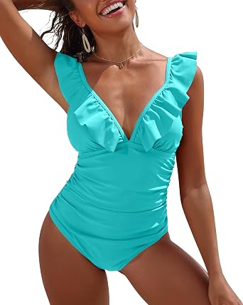 SOCIALA Ruffle One Piece Swimsuits for Women V Neck Ruched Tummy Control Bathing Suits High Cut Monokini