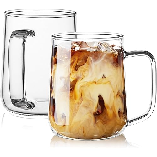 Glass Coffee Mugs, 16 oz Glass Coffee Cups Set of 2, Clear Borosilicate Glass Mugs with Handles for Cappuccino, Tea, Latte, Hot/Cold Beverages, Wine, Americano