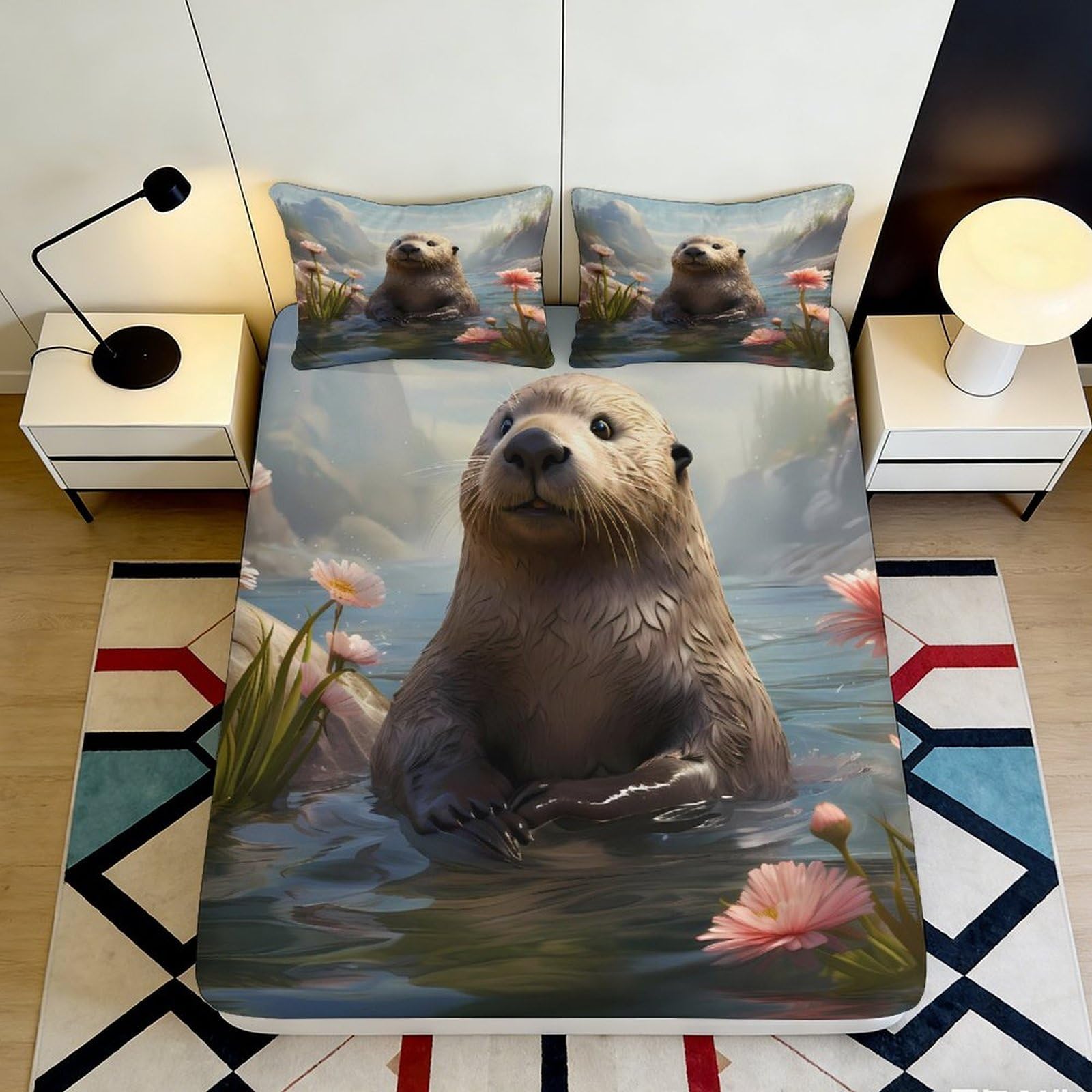 3D Printed Otter Fitted Sheet Microfiber Soft Durable River Animal Bed Cover for Bedroom Dormitory Guest Room Mattress Protection Decor 140x200x25cm