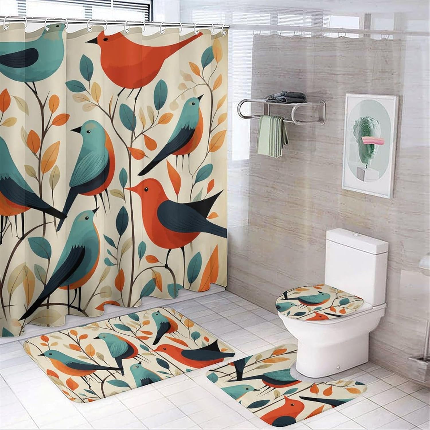 Flock of Birds Shower Curtains Set 4 Piece with Non-Slip Rugs, Toilet Lid Cover and Bath Mat Soft Bathroom Carpet Waterproof Bathroom Curtain with 12 Hooks for Bathroom Decor