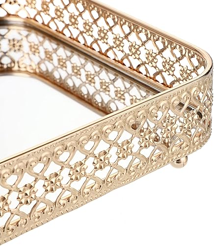 Miniatura 9 de ELLDOO Bandeja de tocador de perfume y maquillaje, almacenamiento de joyas tallado hueco, organizador de cristal y metal para tocador y encimera de