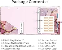 Vista 4 de Ospelelf Mini 3 Ring Binder, 2 Inch, Cute Pink Marble Binder for 5.5" x 8.5" with 5 Tab Dividers, File Folder Labels and Low Profile Clipboards