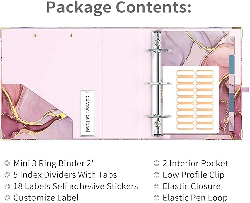 Miniatura 4 de Ospelelf Mini 3 Ring Binder, 2 Inch, Cute Pink Marble Binder for 5.5" x 8.5" with 5 Tab Dividers, File Folder Labels and Low Profile Clipboards