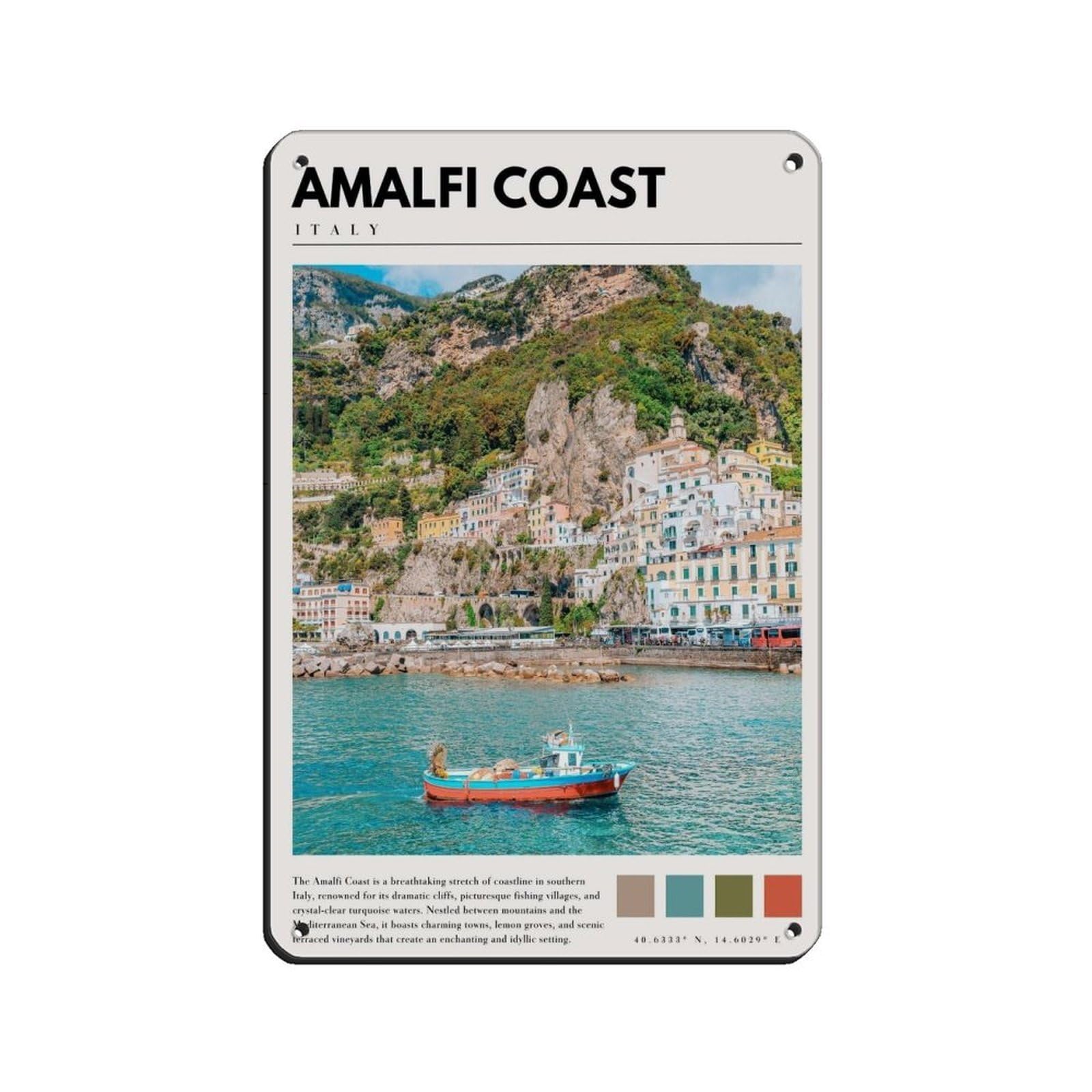 Amalfi Coast Italian Coastal Poster Tin Sign Vintage Metal Pub Club Cafe Bar Home Wall Art Decoration Poster Retro 8x12inch(20x30cm)