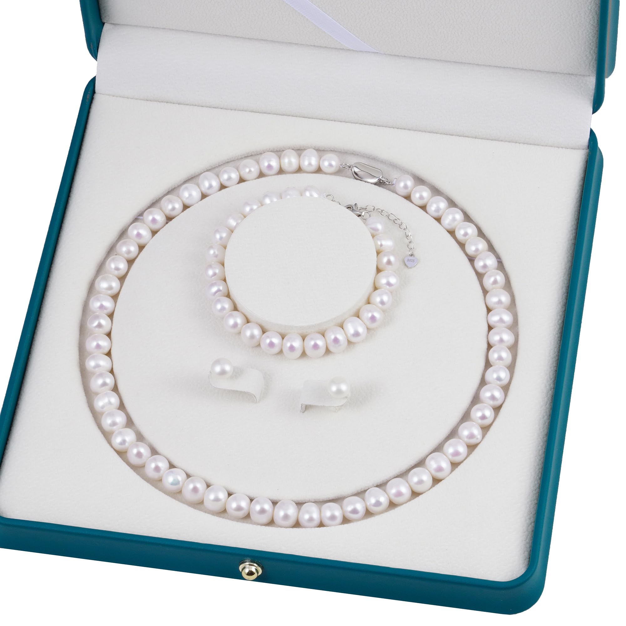 Perlenkette Perlen Halskette Süßwasser Zuchtperlen Schmuck-Set enthalten Armband und Ohrstecker für Damen Geschenke für Muttertag