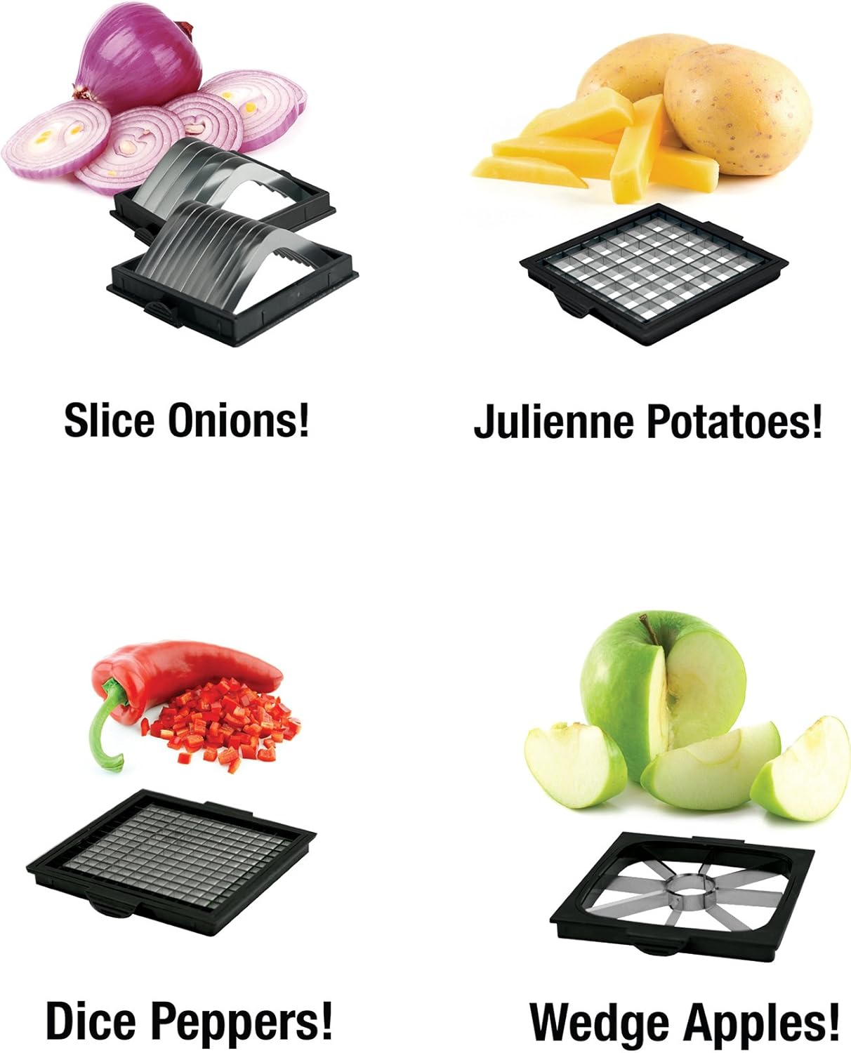 Examples of food preparation with Ronco Veg-O-Matic Deluxe: sliced onions, julienned potatoes, diced peppers, and wedged apples.
