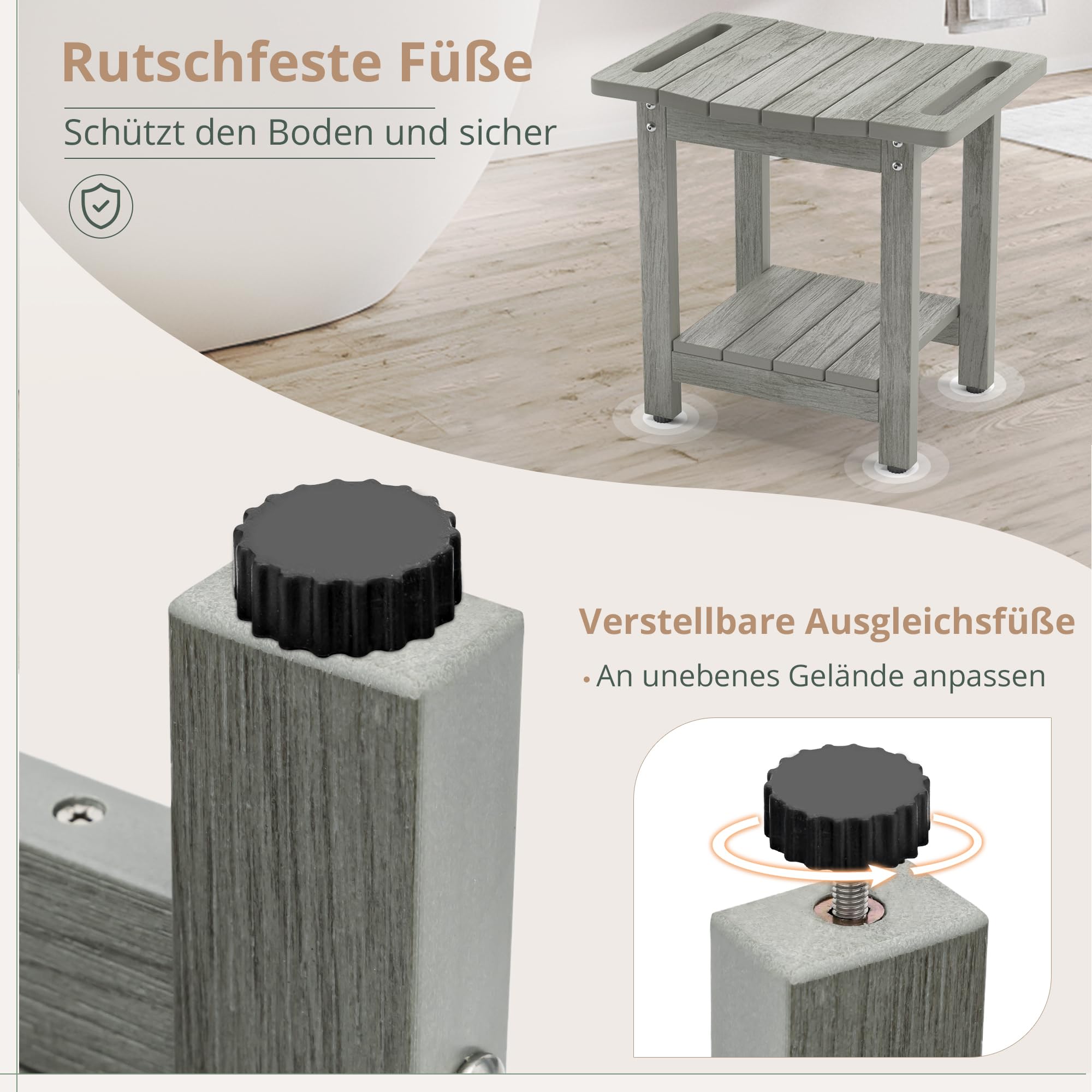 LUE BONA HDPS Duschbänke, Duschhocker zum Rasieren der Beine mit Ablage, wasserdichter Badstuhlsitz für Badezimmer, wetterbeständig, rutschfest, Griffe, für den Innen- und Außenbereich, Grau