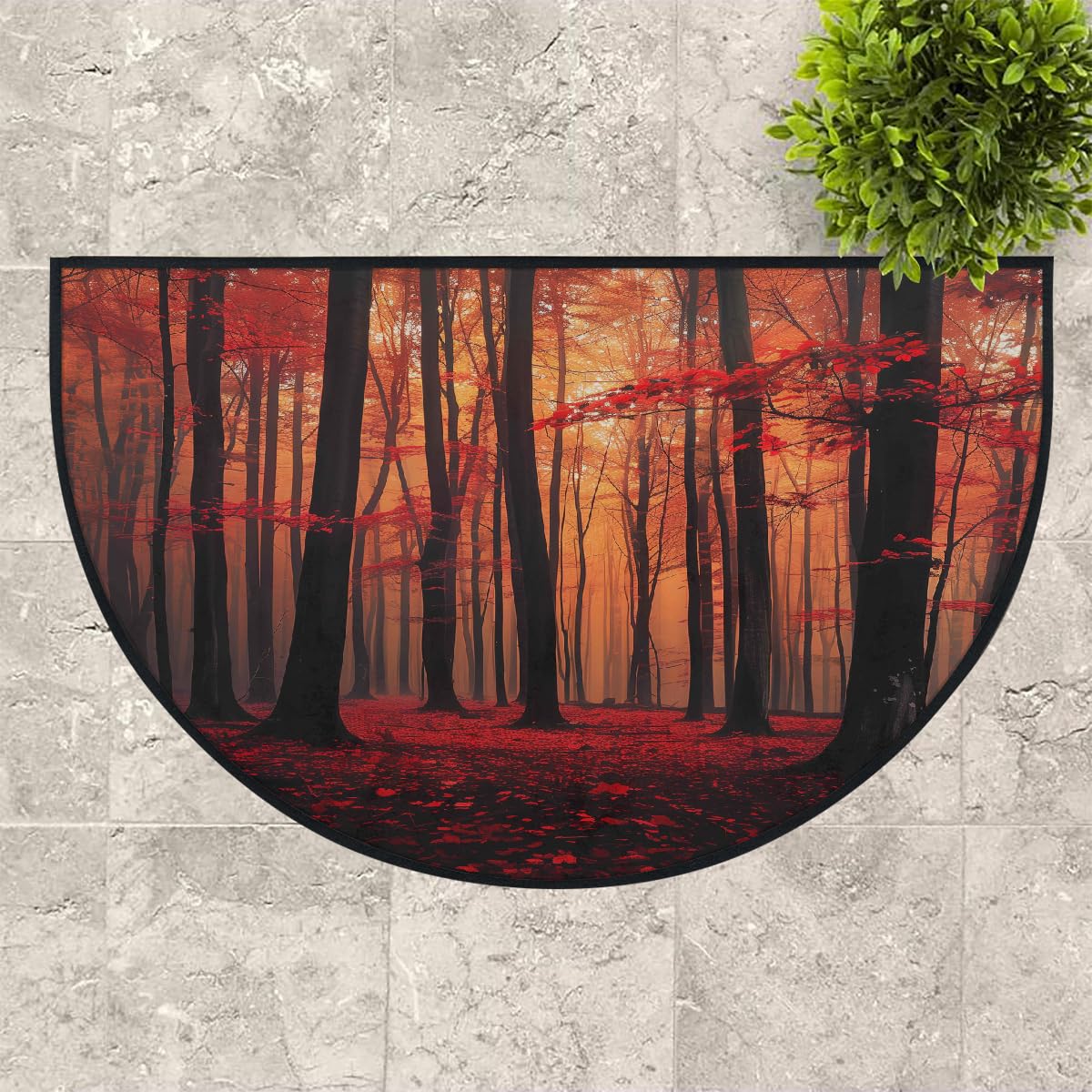 Mexpekil Paillasson demi-lune d'automne en forme de forêt rouge pour intérieur et extérieur, antidérapant, lavable, absorbant, anti-saleté, 100 x 160 cm