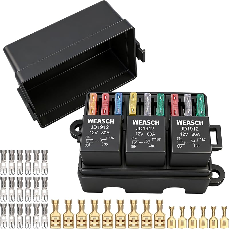 Caixa de fusíveis e relés Weasch 12 V com 9 posições ATC/ATO e 3 relés de 4 pinos 80 A – Kit