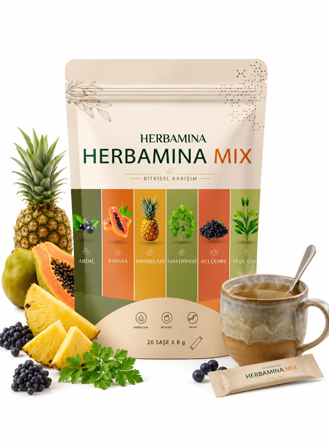Herbamina Mix Bitkisel Karışım 2er Pack – 2 x 20 Sachets Kräutergetränk Pulver | Türkischer Bitki Çayı Mix | Frucht- & Pflanzenextrakte | Heiß & Kalt Genießbar |