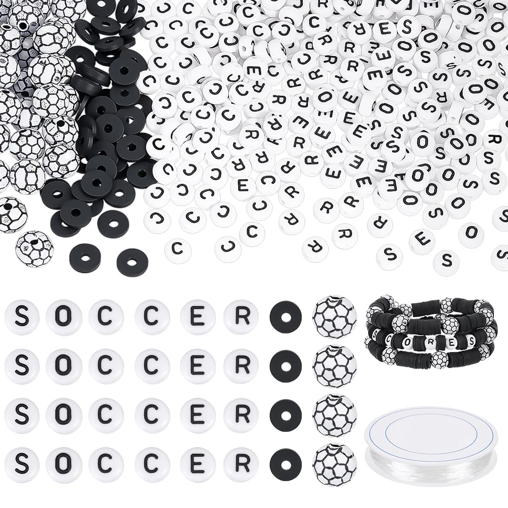 PH PandaHall 4400 Stück Fußballperlen Zur Armband Schwarze Polymer Tonperlen Acryl Fußballperle Buchstabenperle Mit Elastischem Faden Für DIY Gastgeschenke Fußballpartys Geschenk Sportmannschaften