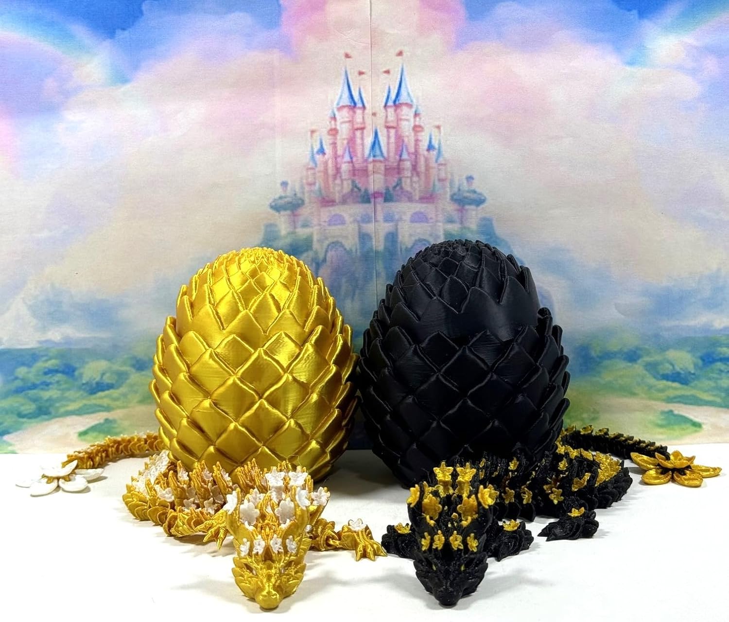 2pcs 3D Printed Articulated Dragons with Egg, Articulated Black and Gold Cherry Blossom Dragon, Fidget ADHD Toy, Executive Desk Toy D043-D032