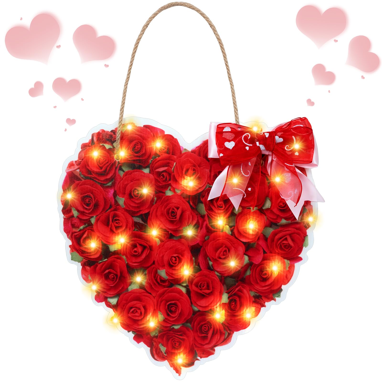 Photo 1 of Anglechic Happy Valentine's Day Door Hanging Sign with LED String Light Valentine Door Sign Red Front Door Hanging Decorations for Valentine's Day Farmhouse Outdoor Porch Window Wall Decor (Rose)