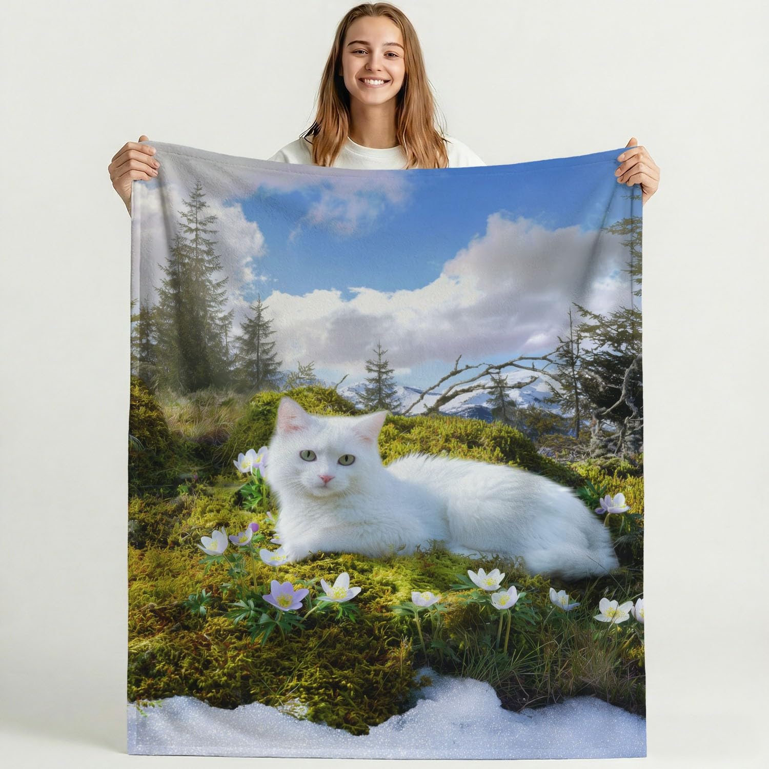 Générique Couverture Plaid Flanelle 150cm x 200cm Épais Couvertures Polaire d'automne Chaud, Réalisme Paix Chat Moelleuse Légères Blanc Vert Couvertures pour Lit ou Canapé