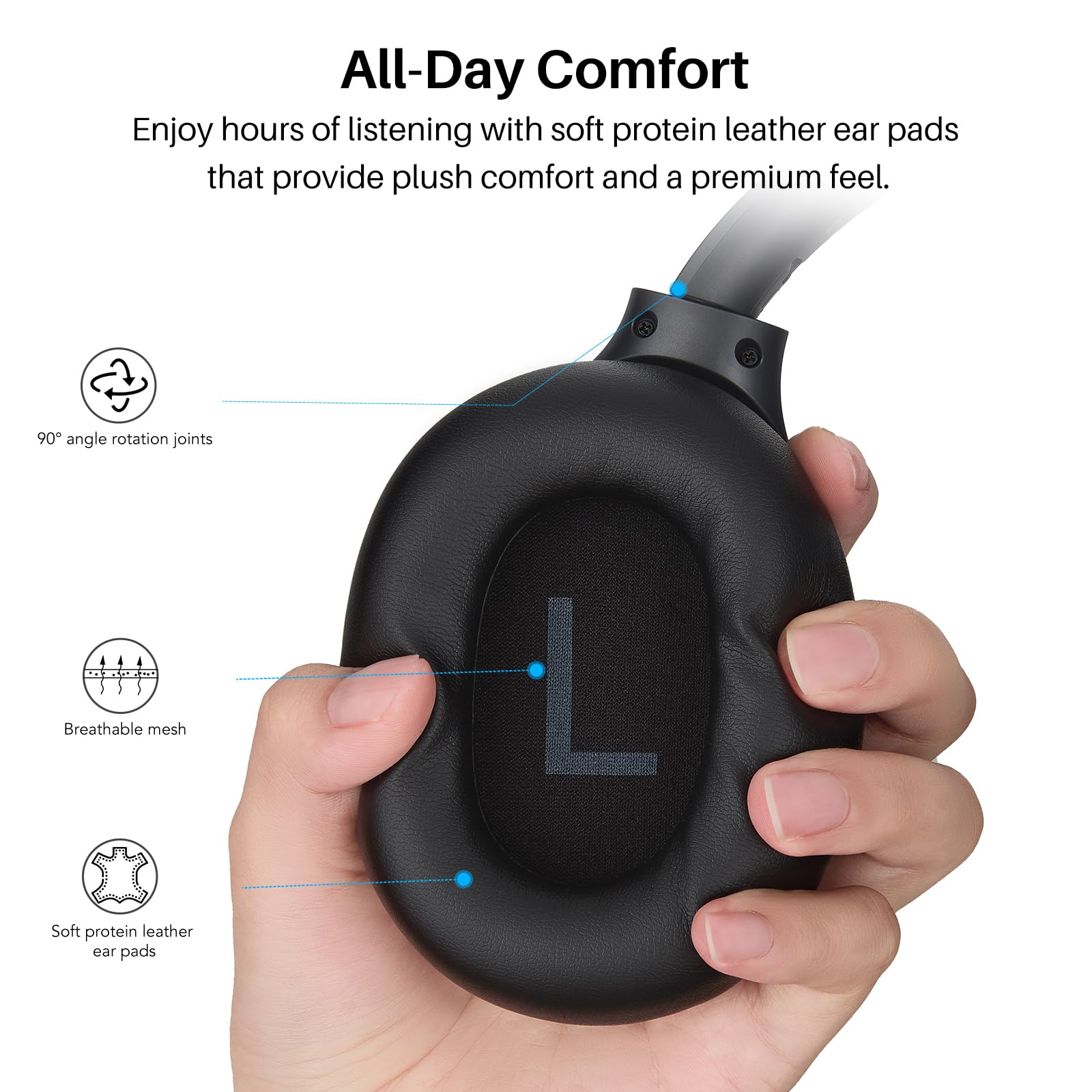 TOZO HT3 Hybrid Noise Cancelling Wireless Headphones, 90H Over Ear Headset view 7