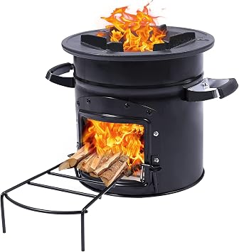 Camping Rocket Stove Wood Burning Portable for Cooking, Outdoor Camping Wood Stove with Carrying Bag for Backpacking Emergency RV Survival, Versatility of Fuel, Black Round Single Door