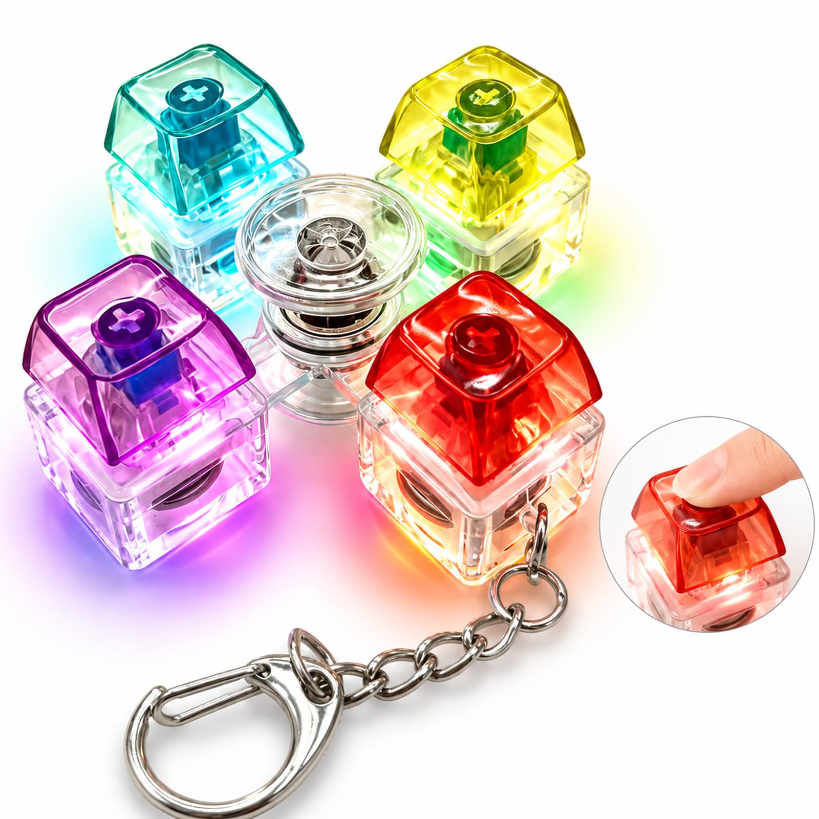 Keyboard Fidget, 4-Button Gyroscope Fidget Keychain Adults with LED Light, Spinning Clicker Decompression Anxiety Relief Gifts for Adults, Portable Clicky Keyboard for Office, School, Home Travel