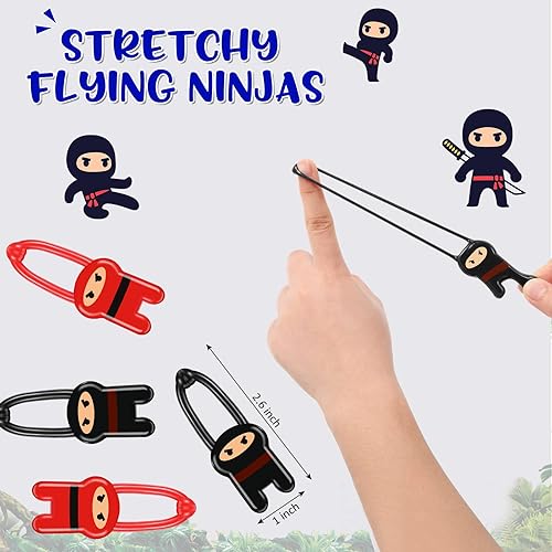 Miniatura 2 de Skylety 24 piezas elásticas de ninjas voladoras escurridas, juguetes ninja elásticos rojos y negros elásticos ninja estirables divertidos juguetes