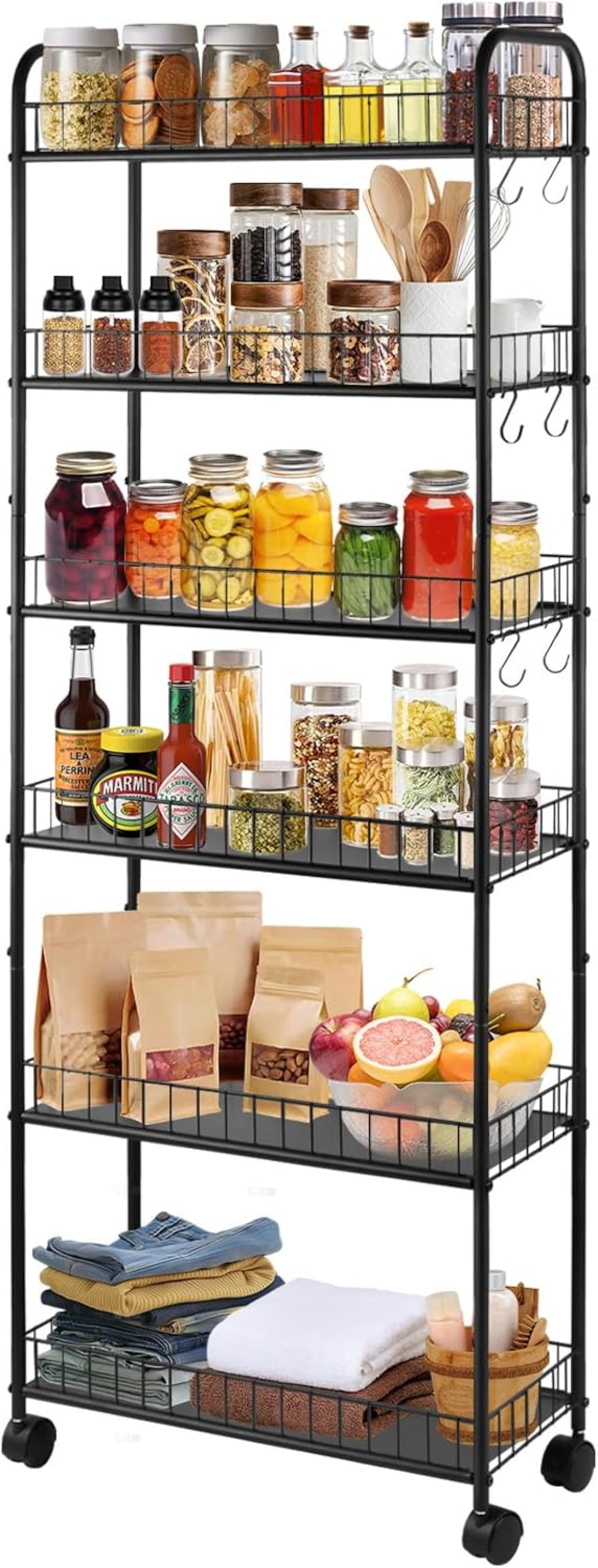 6-Tier Slim Rolling Storage Cart with Wheels 6 inch Storage Carts Metal Utility Organizer, Narrow Mobile Shelving Unit for Kitchen, Bathroom, Laundry, Office