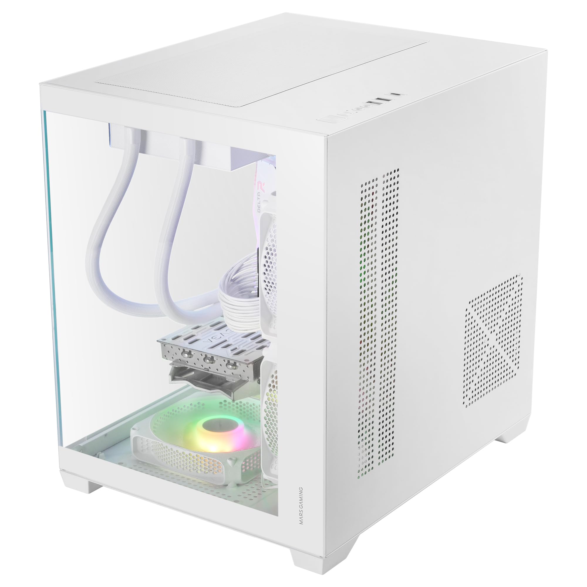 Mars Gaming MC-VIEW3, Caja PC MicroATX, Cristal Templado Panorámico, 3X Ventiladores ARGB 120mm, Doble Cámara, Soporte Refrigeraciones Líquidas hasta 240mm, Minitorre Compacta con USB-C, Blanco